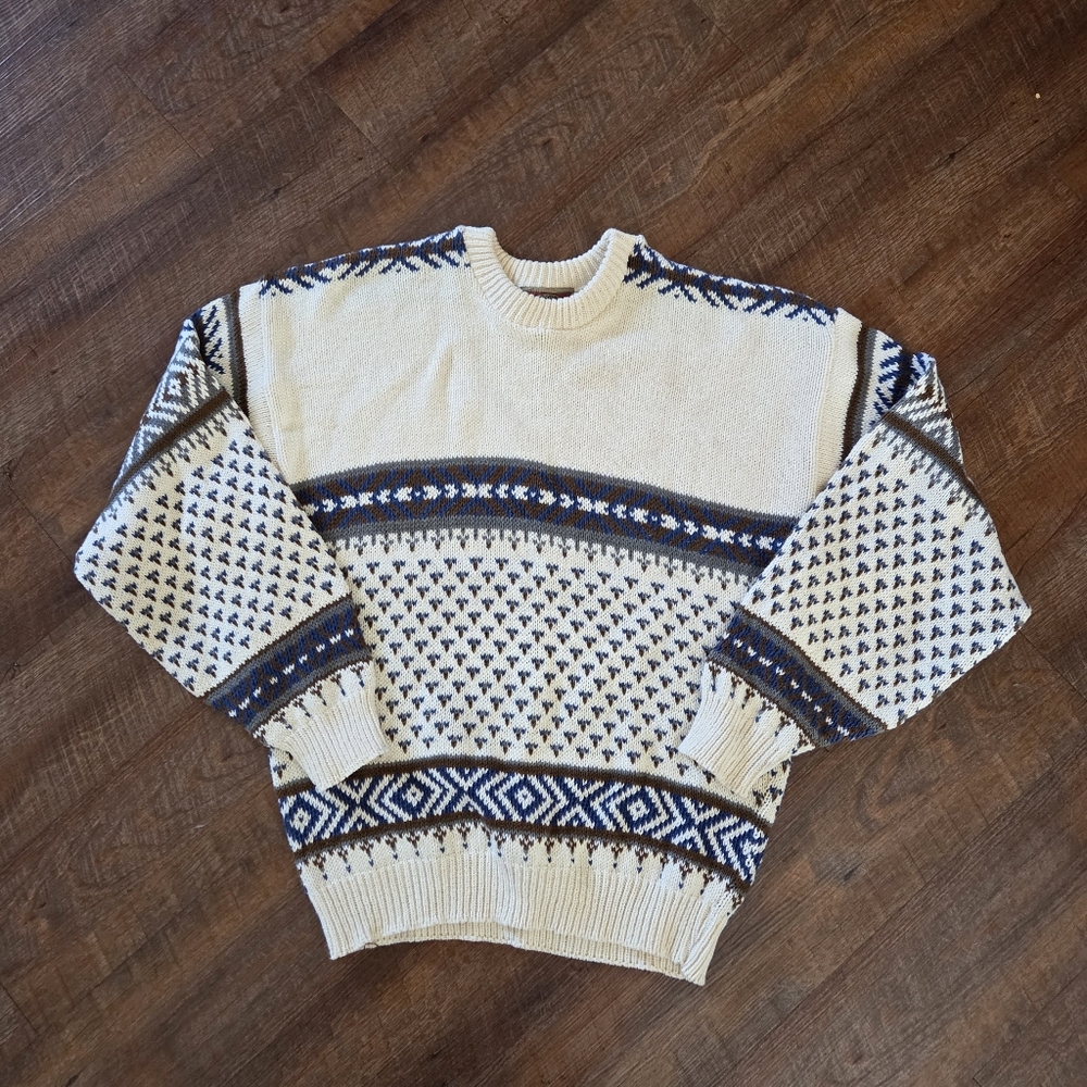VTG CJ Cotton Men Sweater XL Cosby Grandpa Abstract 90s Y2k Ivory Blue Brown USA